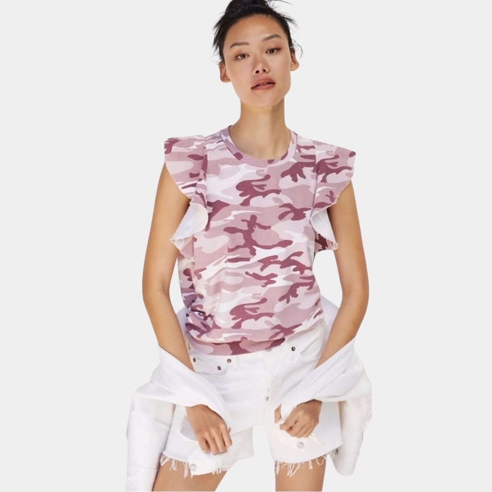 Anthropologie t.la Ruffle Sleeve Sweatshirt Size L Rose Pink Camo Cotton